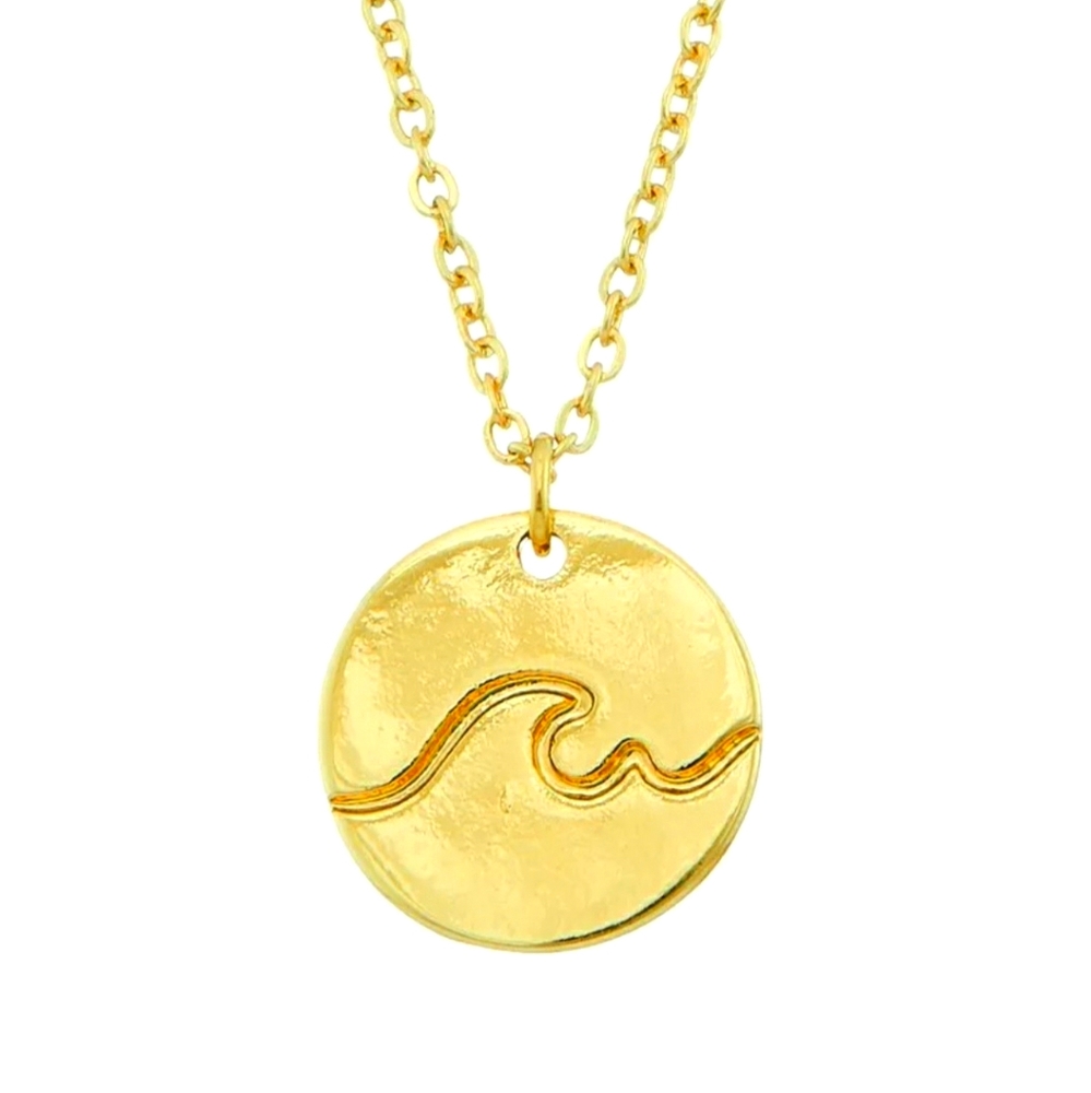 Wave Circle Stamped Handmade Gold Necklace